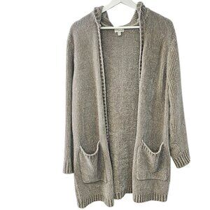P.J. Salvage Womens Chenille Longline Open Front Cardigan, Grey, Soft, Hood, M